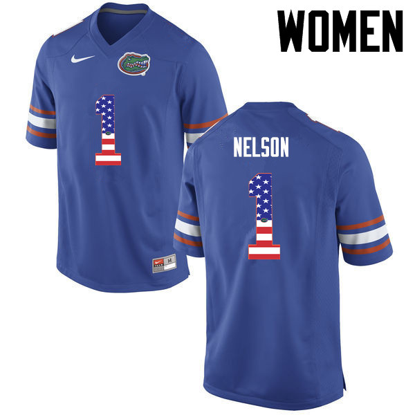 Women Florida Gators #1 Reggie Nelson College Football USA Flag Fashion Jerseys-Blue
